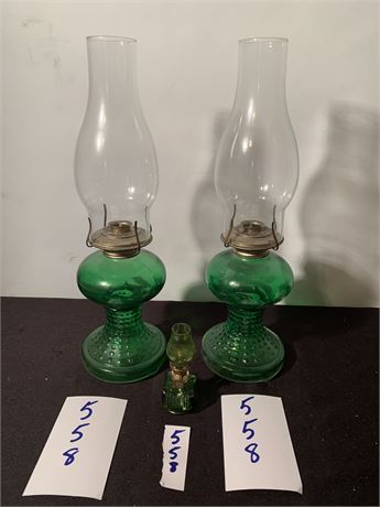 Pair Of Antique Green Colored Glass Eagle Oil Lamps & Mini Green Glass Oil Lamp