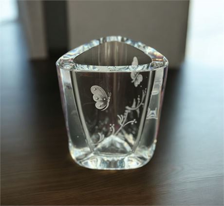 Strombergshyttan Sweden Etched Butterfly Crystal Vase - Signed