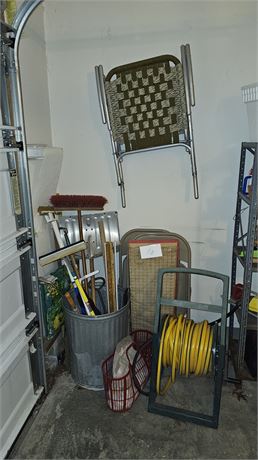 Garage Corner Cleanout- Hose & Reel, Yard Tools, Folding Chair & More