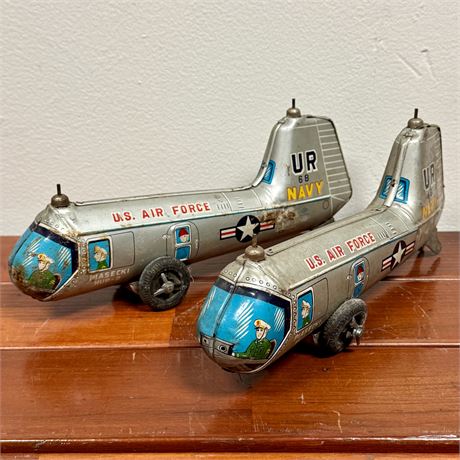 Pair of Piasecki Hup-2 US Air Force Tin Litho Helicopter Friction Toys