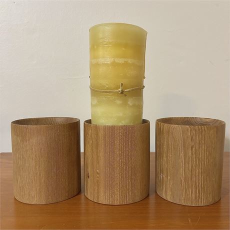 Set of 3 Handcrafted Wood Candle Holders and Candle