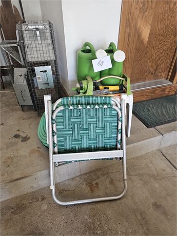 Mixed Garden Lot: Watering Cans, 50ft Hoses, Sprinkler, Chair & More