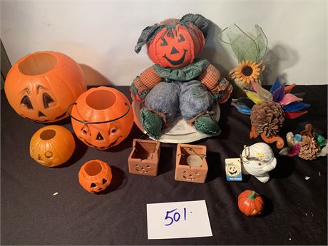 Halloween Lot With Plastic Pumpkin And Fall Items