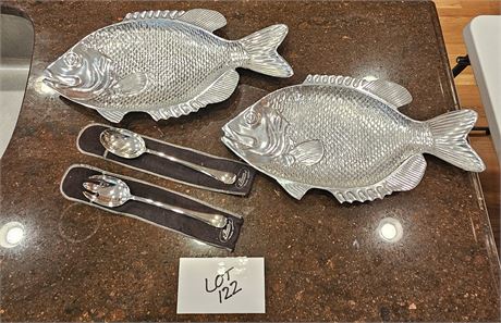 2 Oceanside Metal Fish Platters & Plated Serving Spoon & Fork