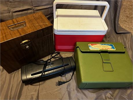 Paper Shredder, Igloo cooler, and vintage filing boxes