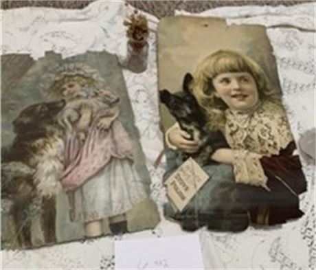 2 Antique Victorian Art Prints Little Girls And Dogs 3 Victorian Lady Head Vases