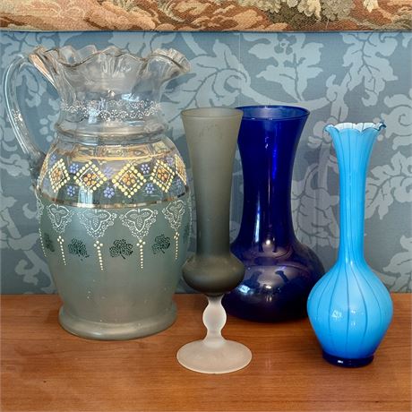 Blue Art Glass Bundle of Vase and Hand Painted Pitcher