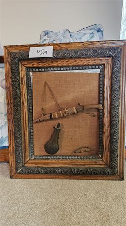 Framed Vintage Antiques Wood Handle Dagger w/ Wood Sheath Copper Powder Flask