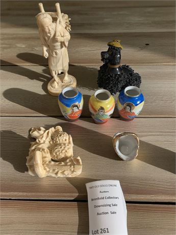 Japanese Okimono Carving, Ivory Incense Burner, Mini Satsuma Moriage Vases