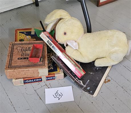 Mixed Vintage Toy's- Plush Rabbit, Yard Jarts, Tiddledy Winks & More