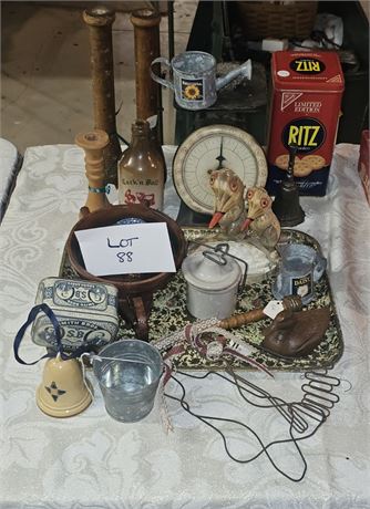 Vintage Mixed Decor- Scale, Taper Candle Wood Spindles, Tins & More