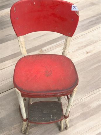 Vintage MCM Cosco Red and White Metal Chair 2 Tier Step Stool With Seat