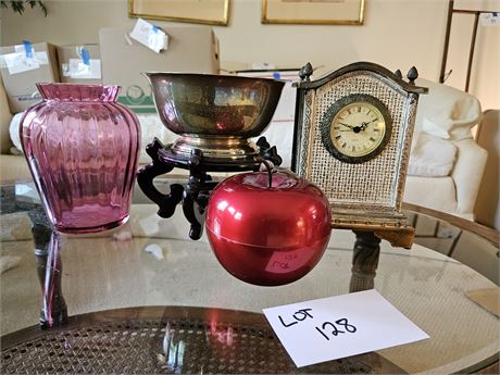 Mixed Decor Lot:Pink Floral Vase/Silverplate Bowl/Apollo Studios Metal Apple