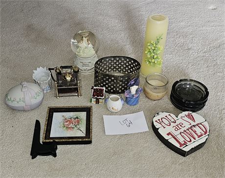 Mixed Decor Lot- Candles, Snow Globe, Ashtrays & More