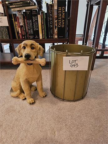 Brass Drum Waste Basket & Resin Dog Statue - 15" H
