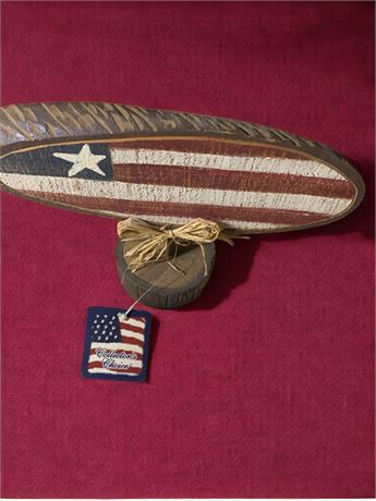 Wood Folk Art American Flag Surf Board Sign on Wood Base By Collector's Choice