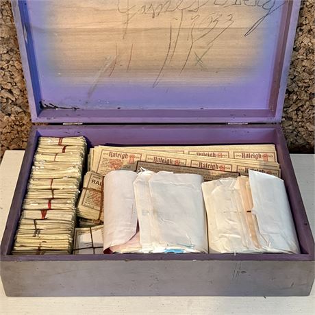 Old Hinged Wood Box Filled w/ 100's of Raleigh & Belair Cigarette Coupons/Labels