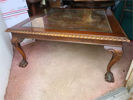 Antique Square Wood Coffee Table with Glass Inlay & Claw Feet