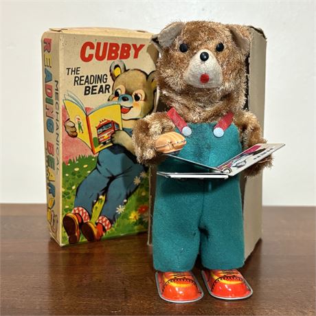 Vintage Cubby the Reading Bear Wind Up Toy, Made in Japan w/ Original Box