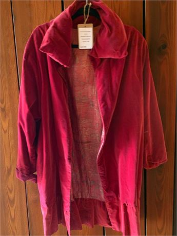 Vintage Red Velour Long Button-Up Coat Jacket W/Silk Interior (No Size Tag)