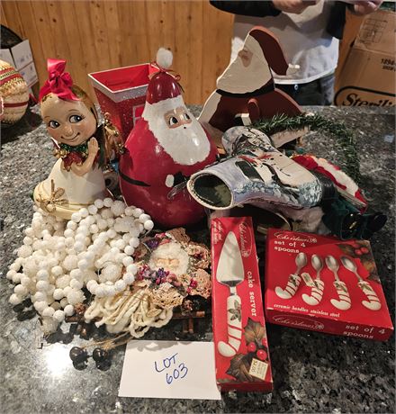 Mixed Christmas Lot : Painted Ice Skate / Wood Santa & More