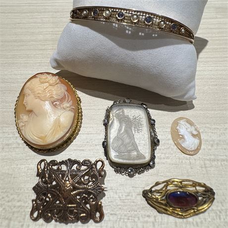 Antique/Vintage Victorian Jewelry - GF Bracelet, Brooches, Loose Cameo, Etc.