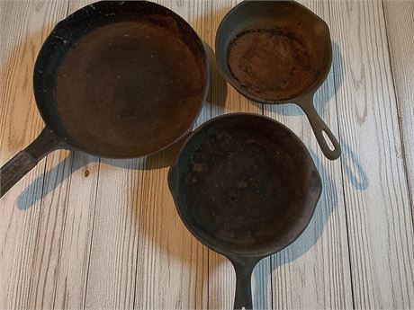 Lot of 2 Cast Iron Skillets and Metal National Pan