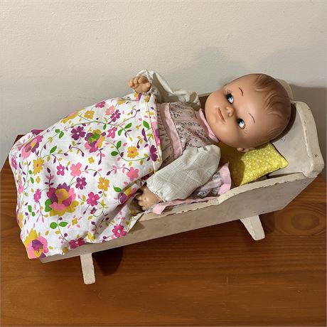 Vintage Famosa Spain Babydoll and Wood Crib