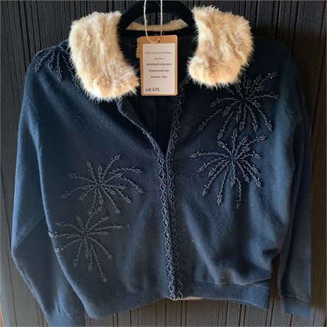 Jo Ro Imports Black Beaded Crop Cardigan Zip Sweater  & Faux Fur Collar Size 38