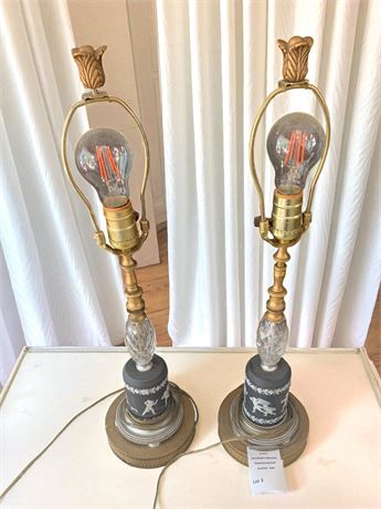 Wedgwood Jasperware Cherub Candlestick Faceted Glass/Brass Table Lamps Set of 2