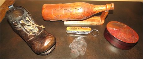 Bottle Puzzle, Wood Shoe, Leather Box, Souvenir Knife, Etc