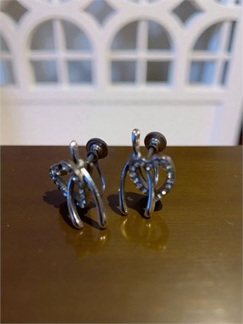 Abstract Wishbone & Heart Silver-Toned Screw-Back Earrings W/White Rhinestones