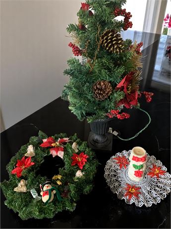 Vintage Christmas Tree, Wreath & Ceramic Candle Lot