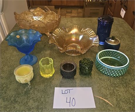 Mixed Vintage Glass Lot- Indiana Marigold Carnival Fruit Bowl, Westmoreland Blue