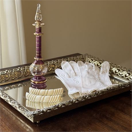 Dresser Tray with Bohemian Art Glass Perfume Bottle and More