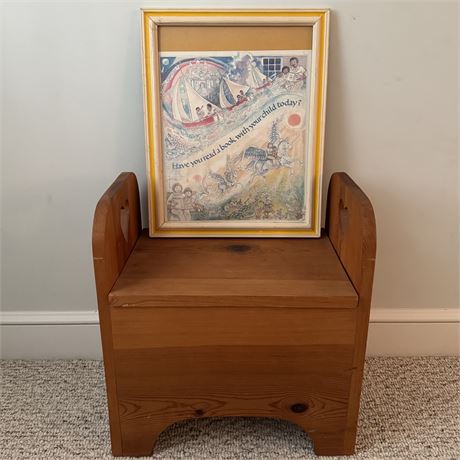 Toddler Sized Lift Top Wooden Storage Seat and Vintage Framed Litho