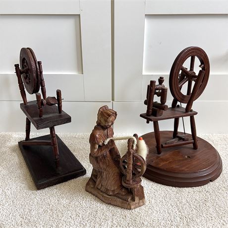Vintage Spinning Wheel Wood Models and Hand Carved Figurine