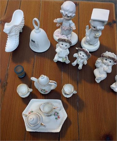Dreamsicles & Precious Moments Figurines, Miniature Tea Set, Fenton Hobnail Boot