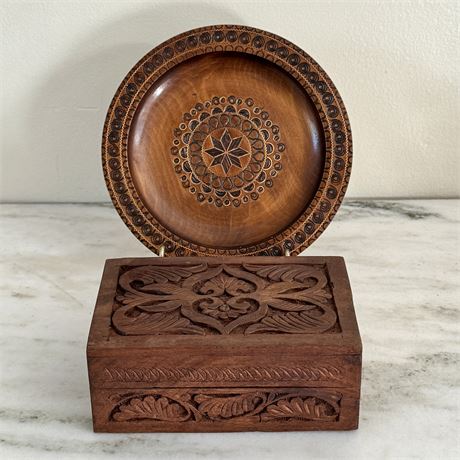 Vintage Bohemian Krakow Poland Carved Wood Plate and Hinged Box