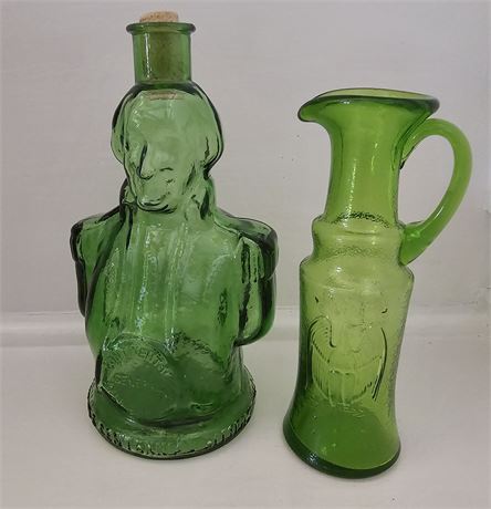 Simmons Centennial Bitters Decanter & Kanawha Green Glass Pitcher