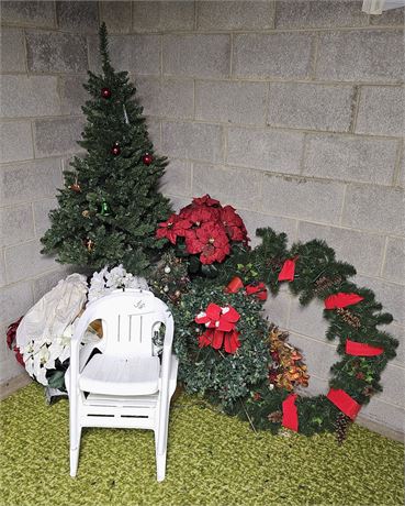 Mixed Christmas Lot: 4ft  Tree, Large Wreath, Faux Floral & More