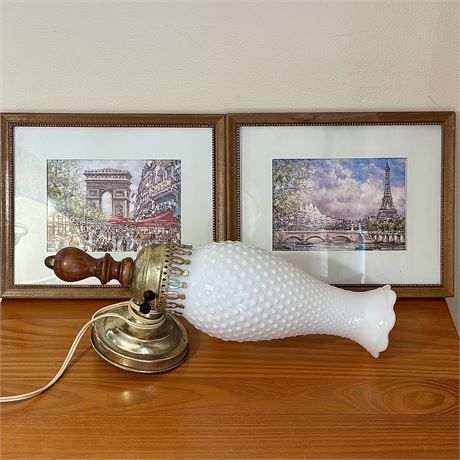 Vintage Wall Mount Lamp and Parisian Framed Art Prints