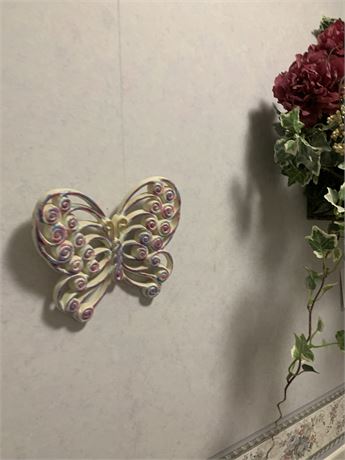 Vintage Burwood Victorian Scroll Butterly Wall Art & Wall Basket Floral Art