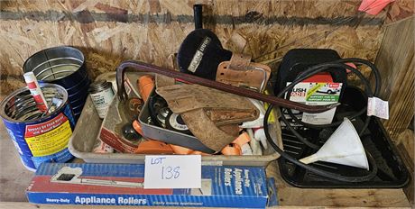 Mixed Shelf Lot- Tools Belts, Appliance Roller, Solvents & More