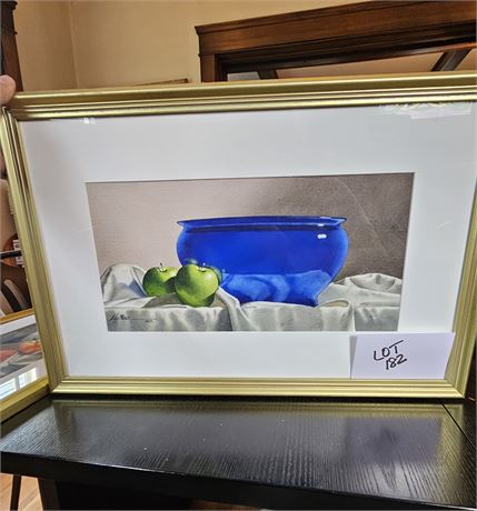 Signed Michael Weber 1998 "Cobalt Glass With Granny Smiths" Water Color