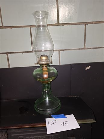 Antique Vaseline Green Glass Oil Lamp