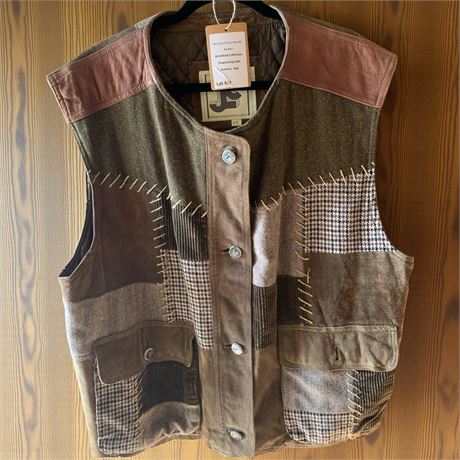 JC Leather Wool Button Down Patchwork Vest W/Pockets Quilted Interior Sz Large