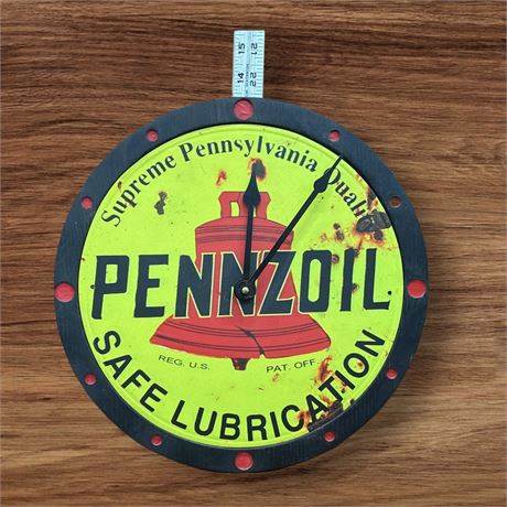 Pennzoil Wood Framed Tin Sign Wall Clock, Handcrafted - 13"