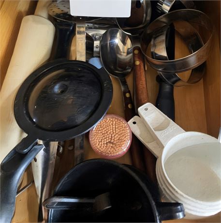 Kitchen Drawer Cleanout - Measuring Cups, Rolling Pin, Stainless Steel Molds