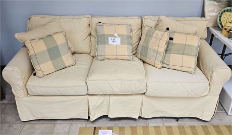 Arhaus Furniture Striped Sage Green Couch with Custom-Made Furniture Covers